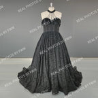 #15358 Real Photos High Quality Black Gothic A-line Feathers Lace Wedding Dress for Women Halter Neck Appliques Bridal Gowns