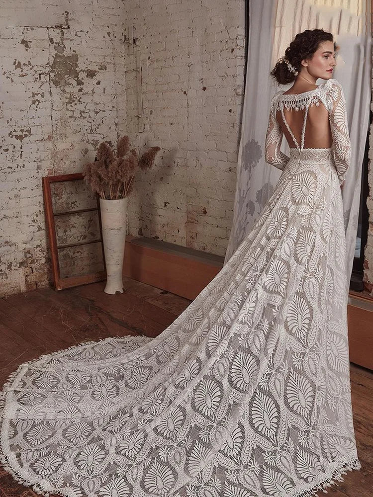 8259#Real Photos Spaghetti Strap Lace Bohemian Deep V-Neck Open Back Illusion Wedding Dress Wedding Bridal Gown