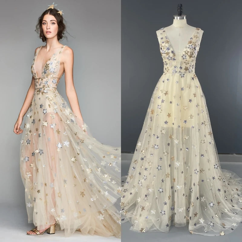 15277# Real Photos Casual Shiny Stars Tulle V-neck Backless Wedding Bridal Gown Birthday Party Dress Women Prom Evening Dress