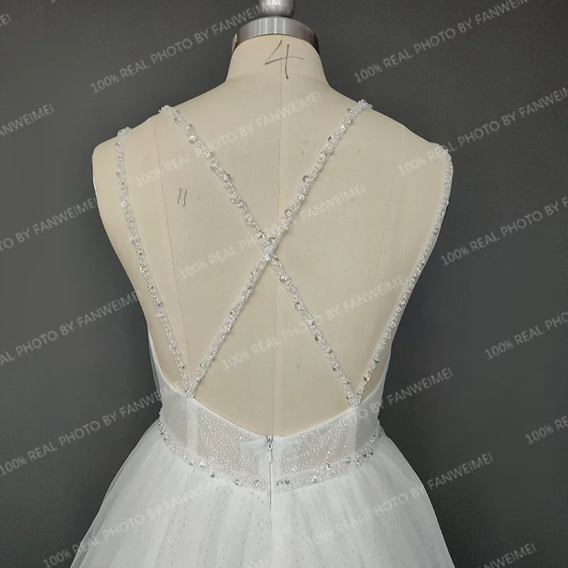 Real Photos Simple Beading Spaghetti Straps Lace Wedding Dress Boho Tulle A-Line Backless V-Neck Bridal Gown for Women