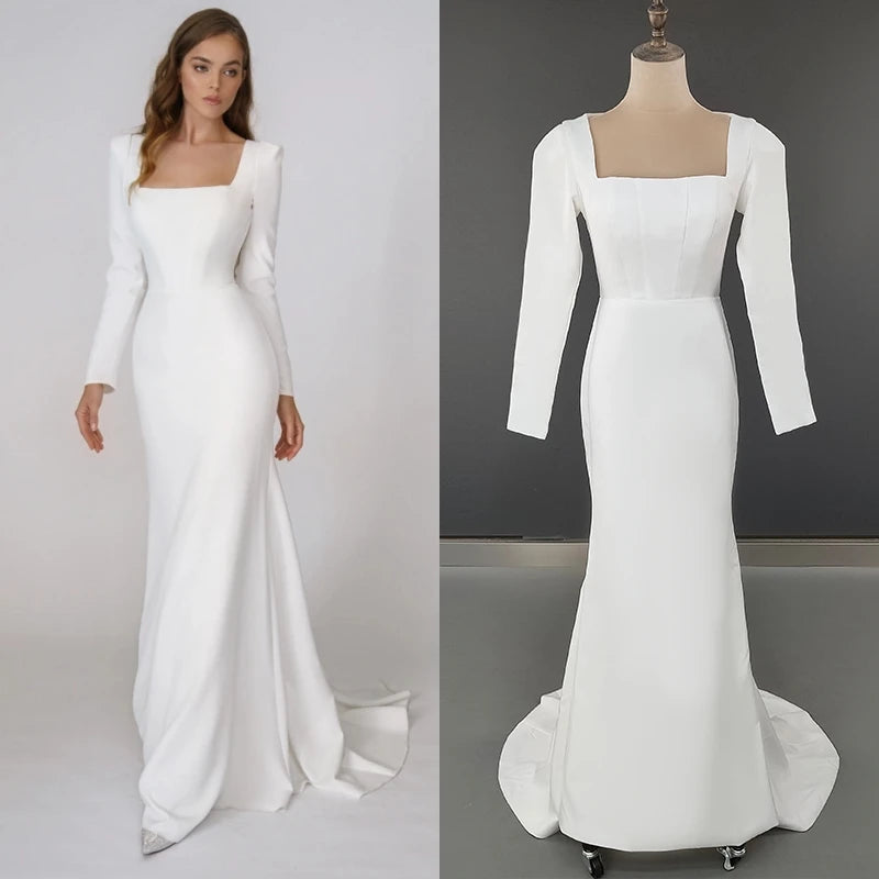 Real Photos Elegant Long Sleeves Square Collar Soft Satin Wedding Gown Engagement Dress for Plus Size Women Prom Evening Dresses