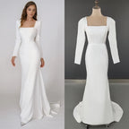 Real Photos Elegant Long Sleeves Square Collar Soft Satin Wedding Gown Engagement Dress for Plus Size Women Prom Evening Dresses