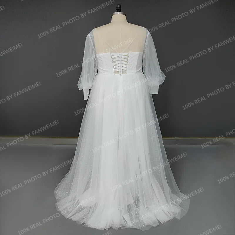12551# Real Photos Puffy Sleeves Lace A-line Wedding Dress for Plus Size Women Sweep Train Backless Bridal Gown Dress