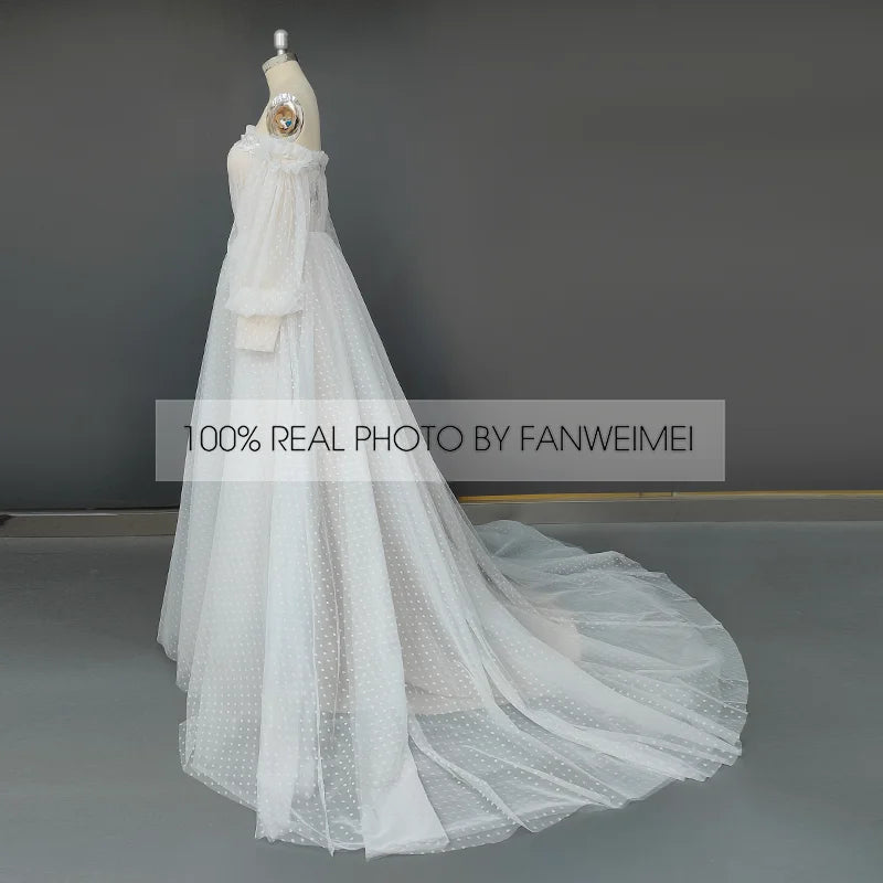 Real Photos Elegant Detachable 3/4 Puffy Sleeves Pleated Dot Tulle A-line Wedding Dress Sweep Train Bride Gown for Women
