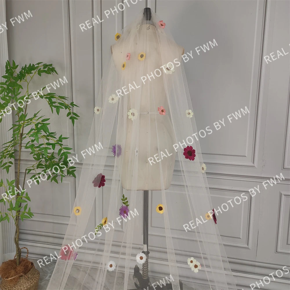Real Photos High Quality One Layer Embroidered Flowers Lace Bridal Veil 200cm Wedding Veil Accessories for Wedding