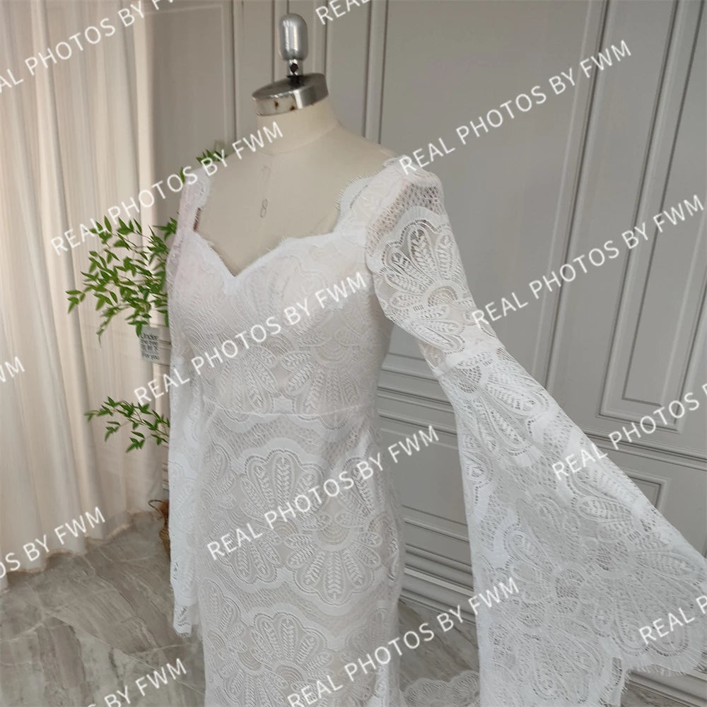 Real Photos High Quality Boho Flare Sleeves Lace Wedding Dress for Bride Woman Open Back Bridal Gown With Train  Wedding Gown