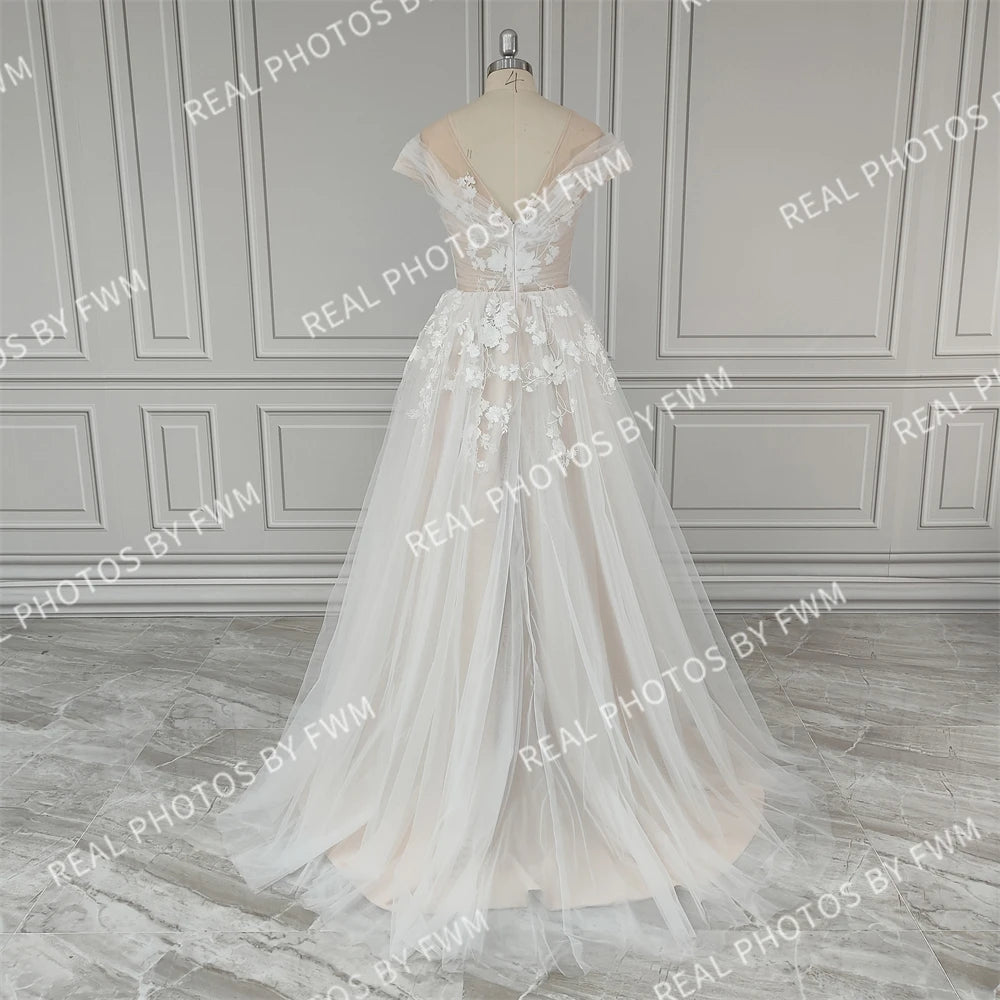 Real Photos Off Shoulder V-neck Backless A-line Wedding Dress Elegant Ruffles Lace Sweep Train Bridal Gown Bridal Dress