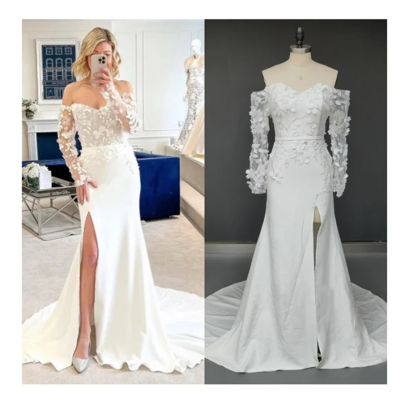 8890# Real Photos Simple Sweep Train Split Front Satin Mermaid Wedding Dress for Plus Size Women Appliques Lace  Bridal Gown