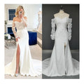 8890# Real Photos Simple Sweep Train Split Front Satin Mermaid Wedding Dress for Plus Size Women Appliques Lace  Bridal Gown