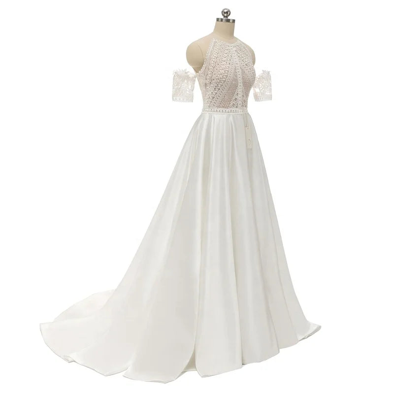 #1305 Real Photos Bohemian VINTAGE BOHO A-Line Wedding Dresses Lace Satin Detachable Sleeve Wedding Dress Bridal Gowns Beach