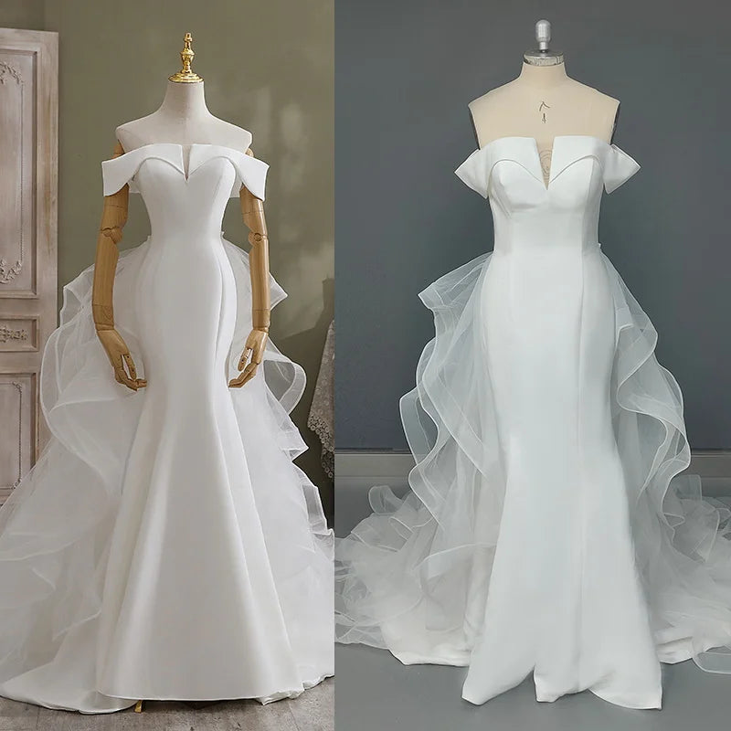 10295#Real Photos Off-Shoulder Sweetheart Corset Back Mermaid Tulle Ruffle Detachable Train  Wedding Dress Wedding Bridal Gown
