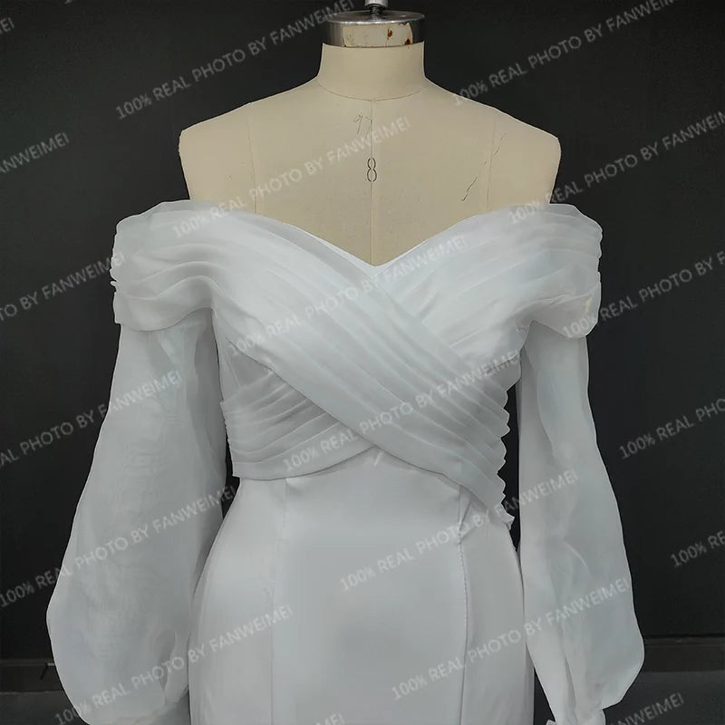 Real Photos Off Shoulder Lantern Sleeves Sheath Soft Satin Ruched Sweep Train Wedding Dress Low Back Bridal Gown for Women