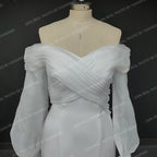 Real Photos Off Shoulder Lantern Sleeves Sheath Soft Satin Ruched Sweep Train Wedding Dress Low Back Bridal Gown for Women