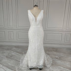 Real Photos V-neck Appliques Sequined Lace Mermaid Wedding Dress Elegant Backless Bride Gown for Women Vestidos De Novia