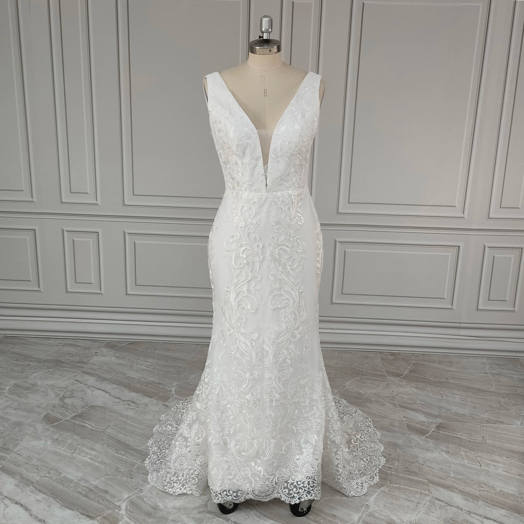 Real Photos V-neck Appliques Sequined Lace Mermaid Wedding Dress Elegant Backless Bride Gown for Women Vestidos De Novia