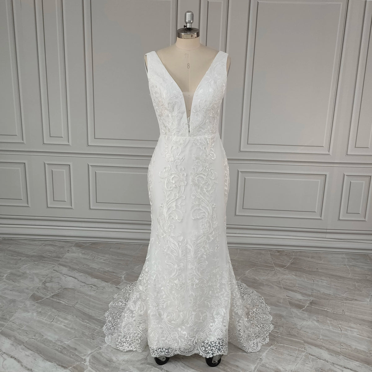 Real Photos V-neck Appliques Sequined Lace Mermaid Wedding Dress Elegant Backless Bride Gown for Women Vestidos De Novia