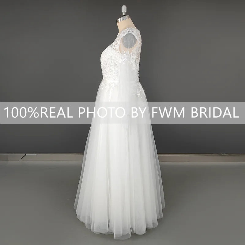 10384# 100% Real Photos Custom Size Long Puffy Sleeves A-line Wedding Dress Elegant Illusion Appliques Lace Bridal Gown