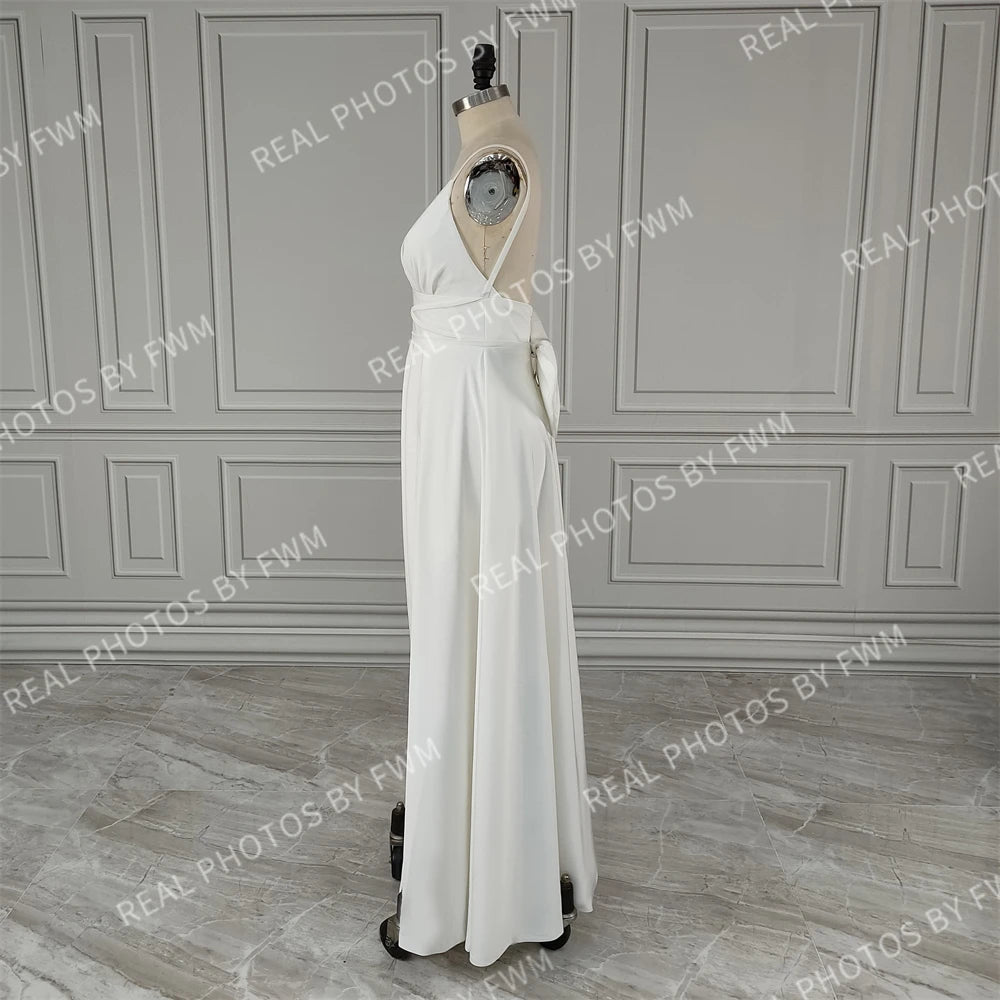 Real Photos Sexy High Split Soft Satin Wedding Bridal Gown Spaghetti Straps V Neck Backless Bow Bridal Dress Evening Dress
