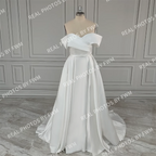 Real Photos High Quality Off Shoulder High Side Slit Satin A-line Wedding Dress for Women Bride Gowns Vestido De Novia