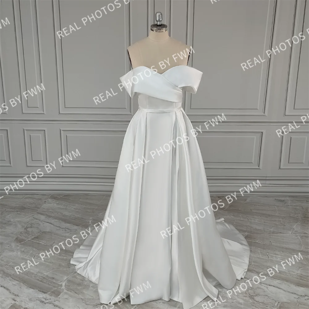 Real Photos High Quality Off Shoulder High Side Slit Satin A-line Wedding Dress for Women Bride Gowns Vestido De Novia