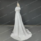 Real Photos Simle Classic Off Shoulder A-line Satin Wedding Dress Side Slit Bridal Gown Sweep Train Bride Dress for Wedding