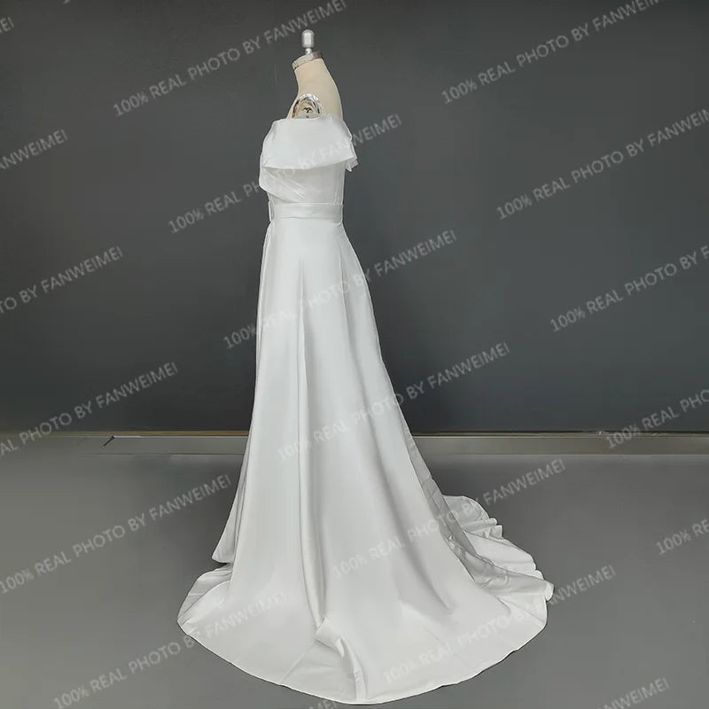 Real Photos Simle Classic Off Shoulder A-line Satin Wedding Dress Side Slit Bridal Gown Sweep Train Bride Dress for Wedding
