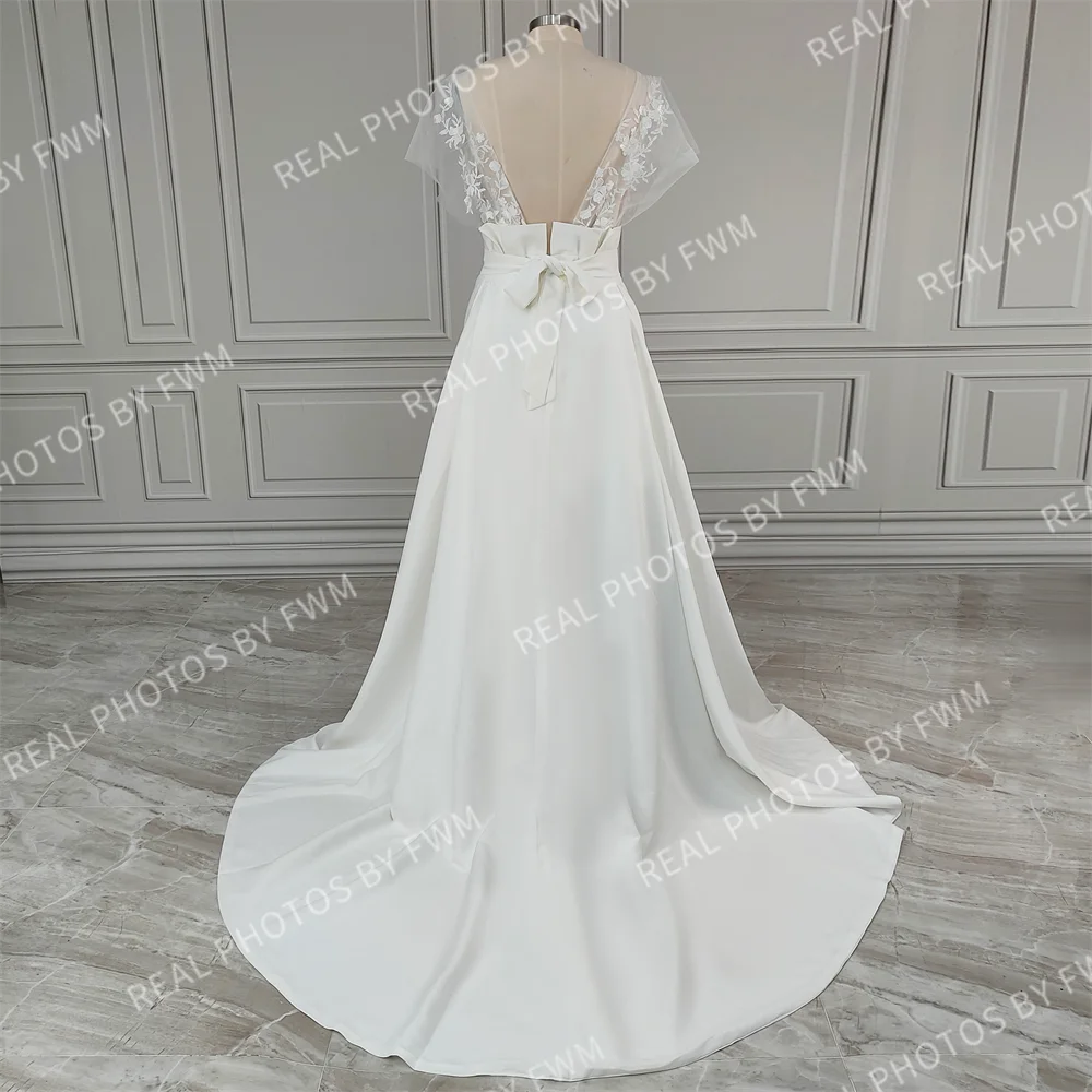 15464# Real Photos Simple Beach Short Sheath Low Back Appliques Lace Mini Wedding Dress Bridal Gown Prom Dress for Women