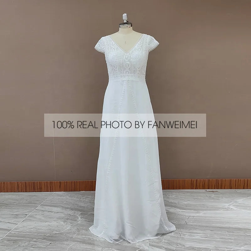 9699# Real Photos Boho Lace Chiffon Wedding Dresses V Neck Backless Beach Bride Gown for Women Cap Sleeve Sweep Train Bohemian