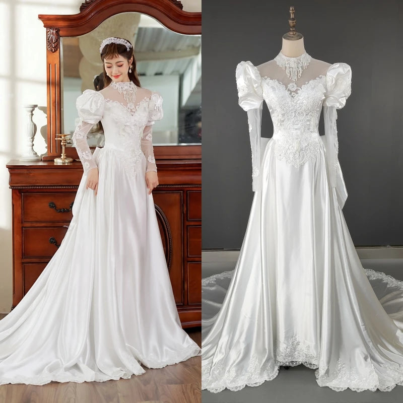 2210# Real Photos Vintage Exquisite Appliques Pearls Lace Wedding Dress Sweep Train Bridal Gown Puffy Sleeves Princess Ball Gown