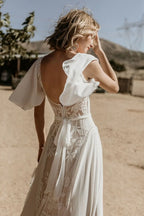 10926#Real Photos Flare Sleeve Lace Bohemian Beach V-Neck Open Back Illusion Wedding Dress Wedding Bridal Gown