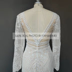 Real Photos Boho V-Neck Long Sleeve Mermaid Appliques Lace Wedding Dress Woman Backless Sweep Train Bridal Gown for Wedding