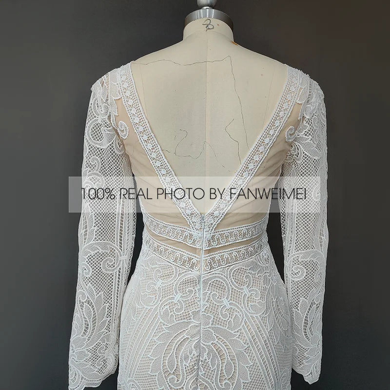 Real Photos Boho V-Neck Long Sleeve Mermaid Appliques Lace Wedding Dress Woman Backless Sweep Train Bridal Gown for Wedding