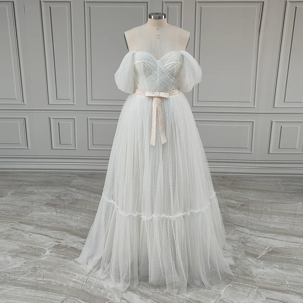 Real Photos Boho Off Shoulder Pleat Dots Lace Wedding Dress Low Back Tulle A-line Bride Gown for Women Elegant Bridal Dress
