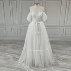 Real Photos Boho Off Shoulder Pleat Dots Lace Wedding Dress Low Back Tulle A-line Bride Gown for Women Elegant Bridal Dress
