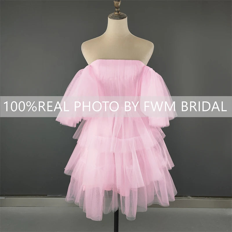 14262# Real Photos Pink Lace Mini Wedding Bridal Ball Gown Birthday Party Dress Detachable Sweep Train Prom Evening Dresses