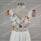 10808# Real Photos Pastrol Cap Sleeves V-Neck Floral Appliques A-line Chiffon Wedding Dress for Women Backless Bridal Gown