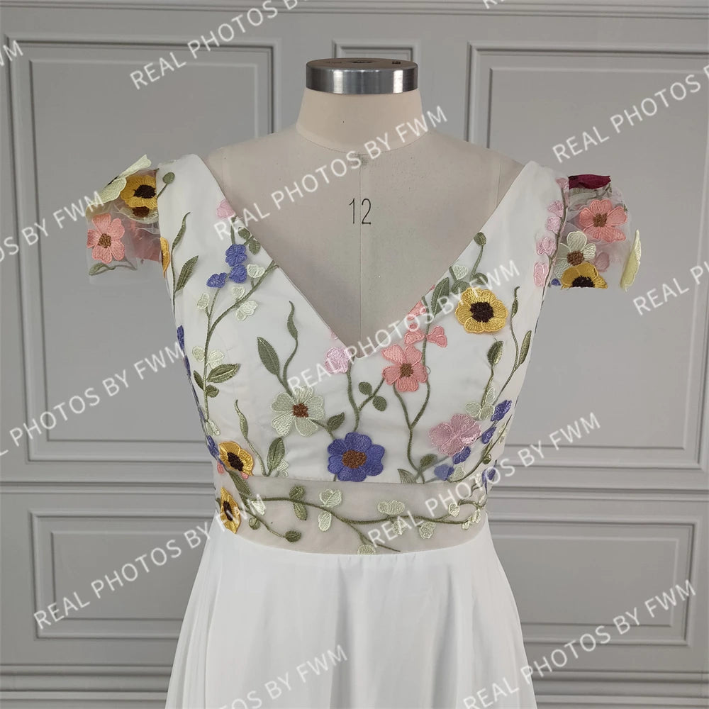 10808# Real Photos Pastrol Cap Sleeves V-Neck Floral Appliques A-line Chiffon Wedding Dress for Women Backless Bridal Gown