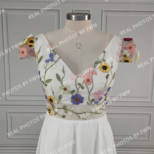 10808# Real Photos Pastrol Cap Sleeves V-Neck Floral Appliques A-line Chiffon Wedding Dress for Women Backless Bridal Gown