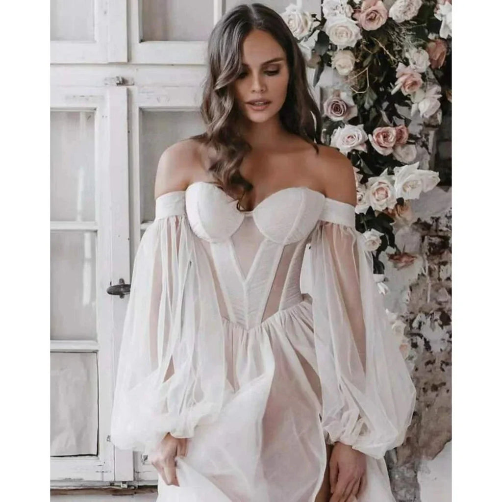 11894# Real Photos Puffy Sleeves Sweetheart Illusion Back High Side Slit A-line Tulle Women's  Wedding Dress Bridal Gown