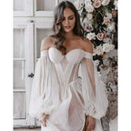 11894# Real Photos Puffy Sleeves Sweetheart Illusion Back High Side Slit A-line Tulle Women's  Wedding Dress Bridal Gown
