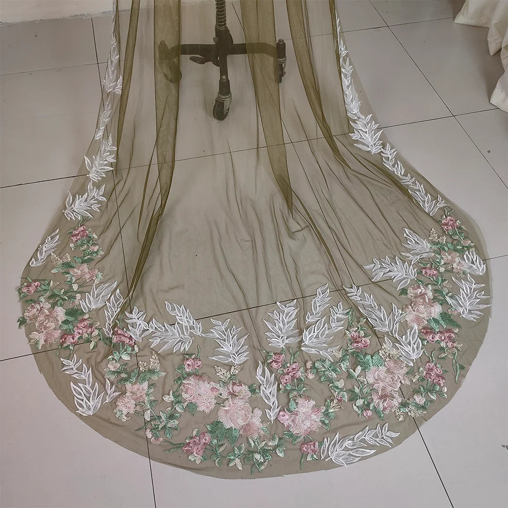 Real Photos Dark Green Embroidered Wedding Veil with Hand-stitched Lace Trim Suitable for Women to Wear at an Outdoor Wedding