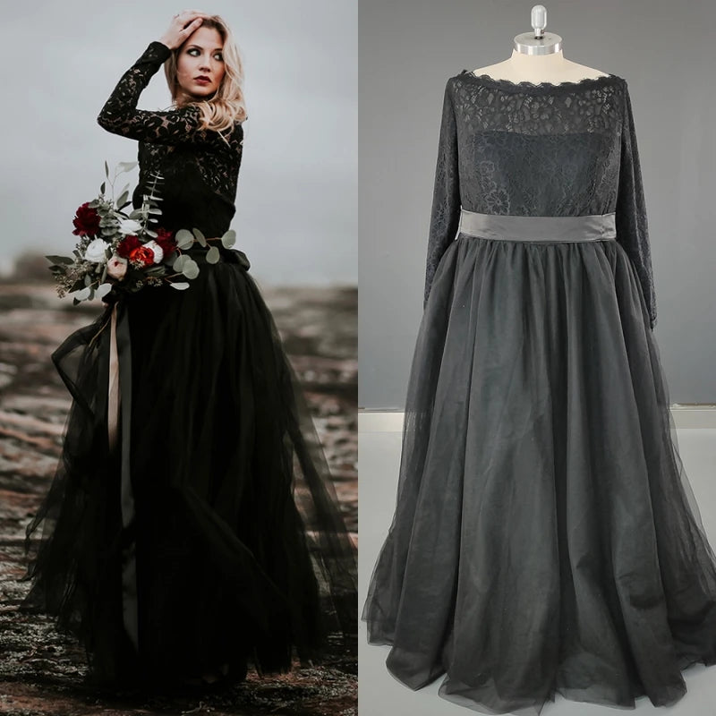 8471# Real Photos Black Vintage Long Sleeves Boat Neck Tulle A-line Wedding Dress Bridal Gown Bridal Evening Dresses for Women