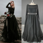 8471# Real Photos Black Vintage Long Sleeves Boat Neck Tulle A-line Wedding Dress Bridal Gown Bridal Evening Dresses for Women