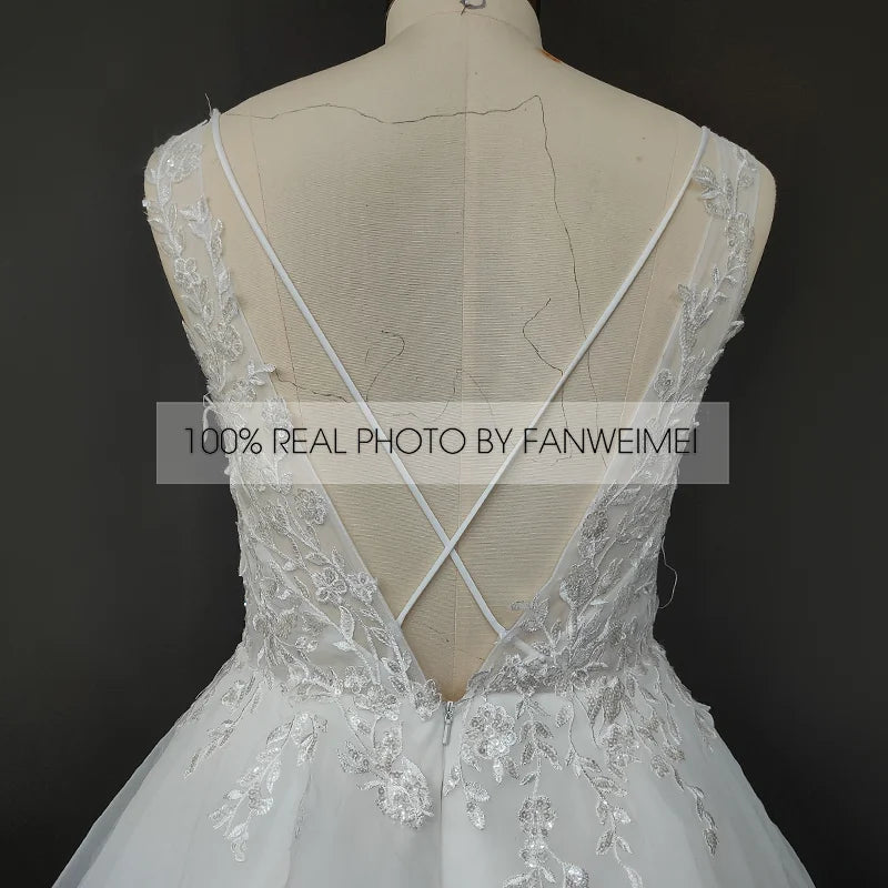 Real Photos Elegant Spaghetti Straps V-Neck Applique Lace Ball Gown for Wedding Ruffles Tulle  Women Wedding Dress Bridal Gown