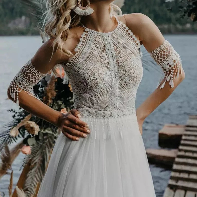 10743# Real Photos Boho Detachable Sleeves Appliques Lace Tassels A-line Wedding Dress Illusion Back Tulle Bride Gown for Women