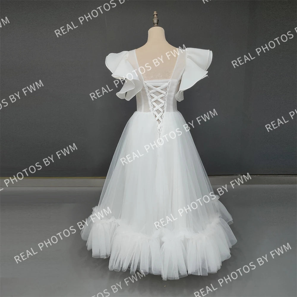 Real Photos Vintage V-Neck Ruffles Sleeves A-Line Wedding Dress Outdoor Pleated Tulle Ankle Length  Bridal Gown for Wedding