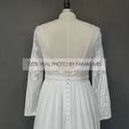 100% Real Photos Bohemian Chiffon Wedding Dresses Boat Neck Long Sleeve Lace Wedding Bridal Gowns for Plus Size Women