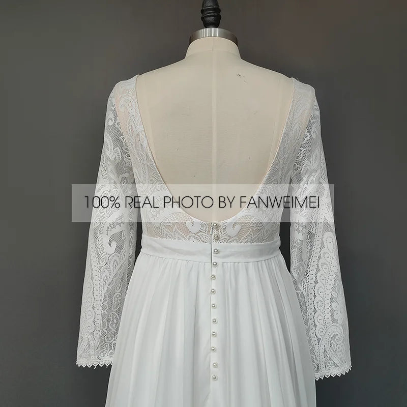 100% Real Photos Bohemian Chiffon Wedding Dresses Boat Neck Long Sleeve Lace Wedding Bridal Gowns for Plus Size Women