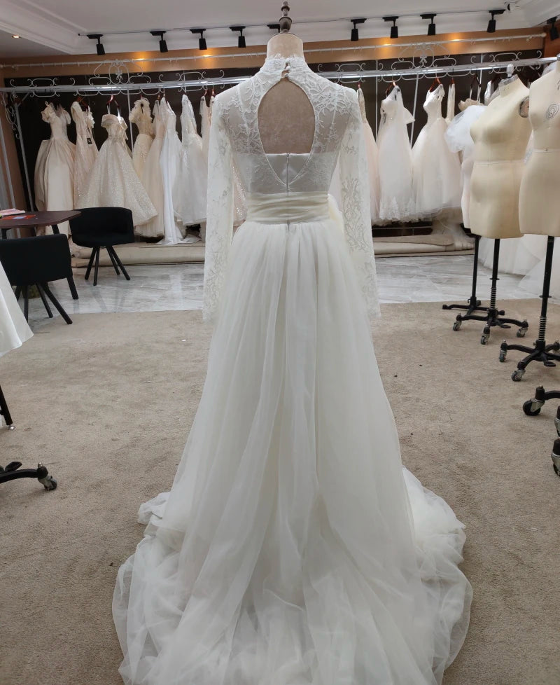 #3147 100% Real Photos A-Line Vintage Special Design Long  Sleeve Lace Soft Light Champagne Open Back Bridal Gown Wedding Dress