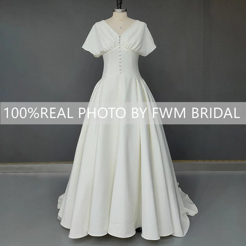 #3115 Real Photos Vintage French Style Soft Satin Wedding Bridal Dress Simple V Neck Short Sleeves Buttons Hepburn Bridal Gown